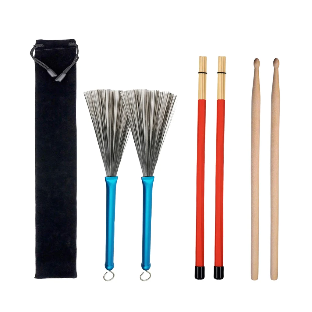 Drum Wooden Drumsticks + Wire Brushes + Rod Brush Sticks W/ Flannelette Bag