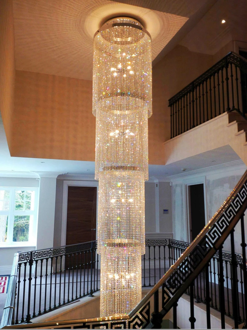 Long Crystal Chandelier Light Double Floor Living Room Lamp Big Hall