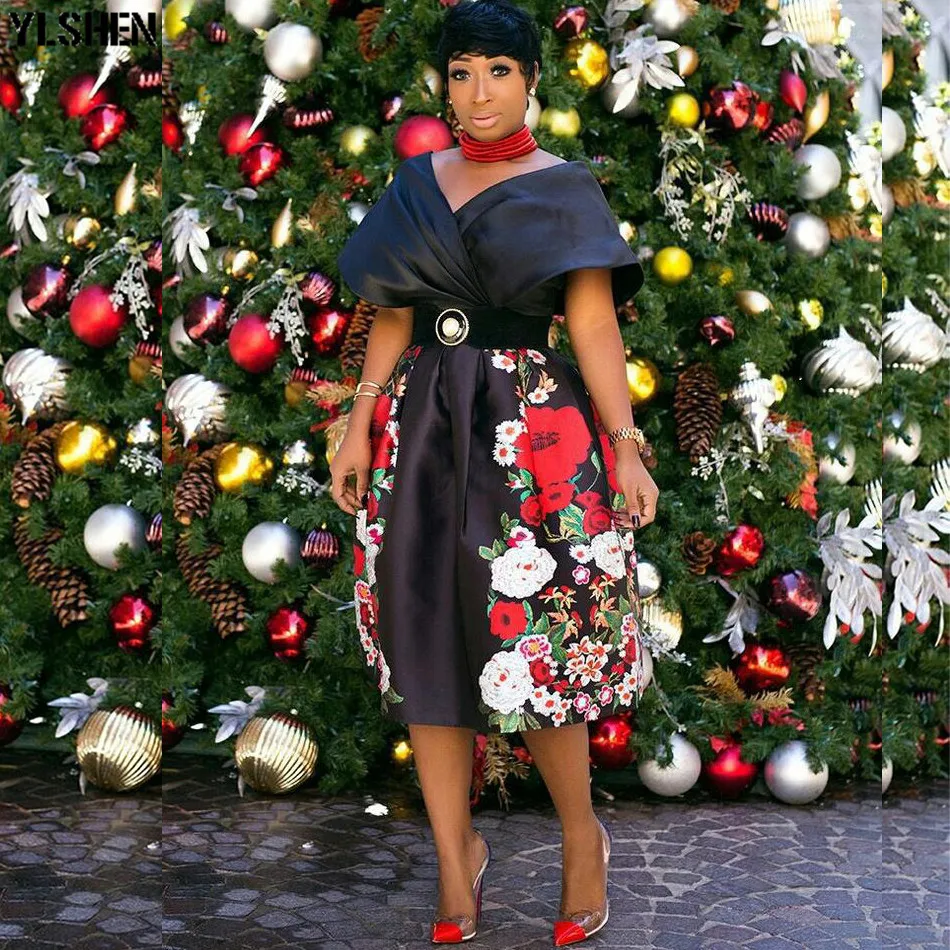 

Black Print African Dresses for Women 2021 Summer Midi Dress African Clothes Dashiki Sexy Off Shoulder Gown Robe Africaine Femme