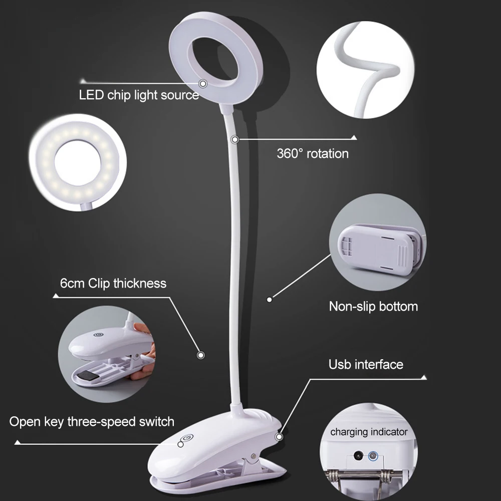 Светодиодный настольный светильник 7000K для защиты глаз, настольный светильник с сенсорным переключателем включения/выключения, 3 режима, настольная лампа с зажимом, диммер, USB, перезаряжаемый светодиодный Настольный светильник
