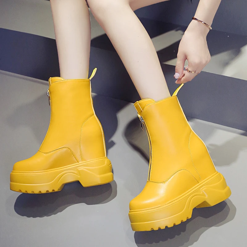 

HTUUA Height Increase 10CM Platform Boots Women Round Toe Zipper High Heel Ankle Boots Female Casual Wedges Shoes Woman SX3480