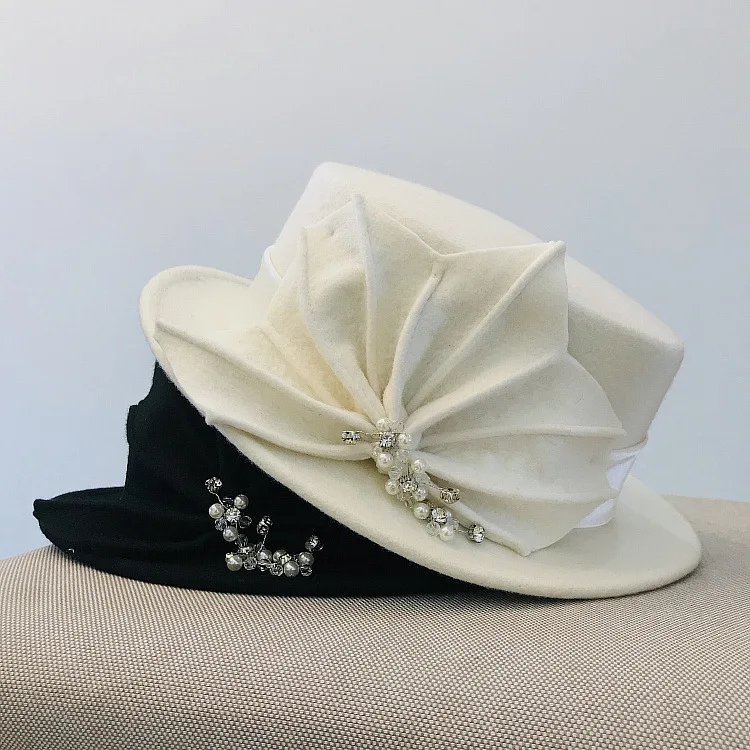 

01908-baoliu autumn winter Rhinestone Flower banquet formal dinner Lady jazz cap wool fedoras cap women leisure panama hat