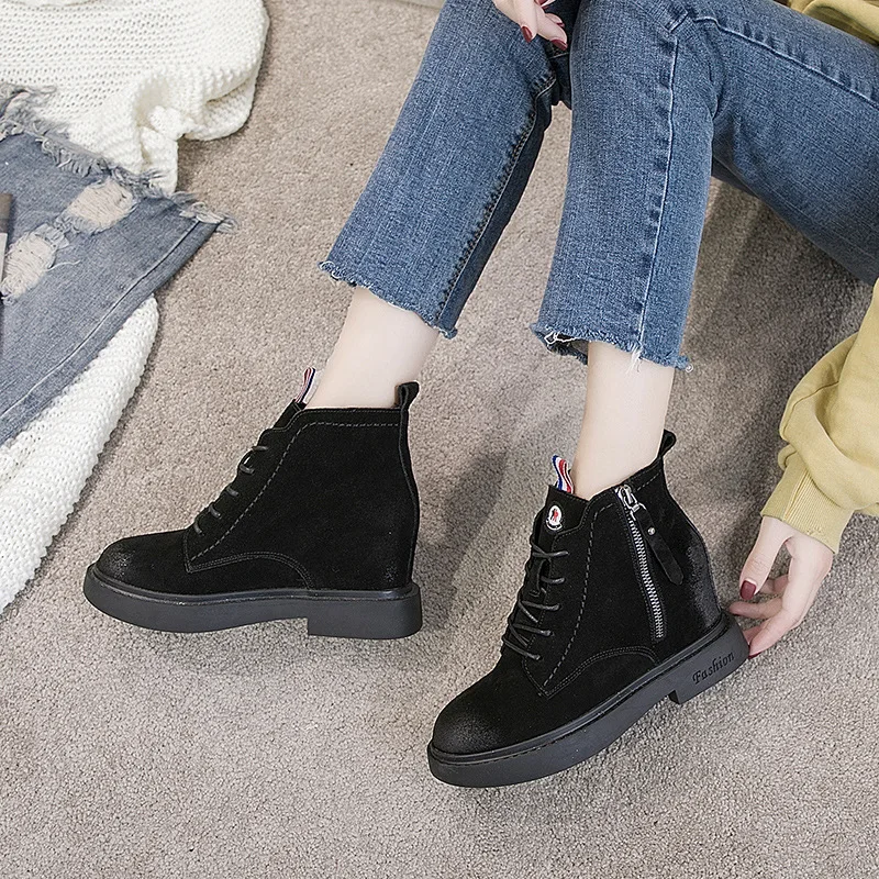 

Within Short Boots Women's 2019 Autumn And Winter New Style Side Zipper Wedge Heels Children Genuine Leather plus Velvet Casual