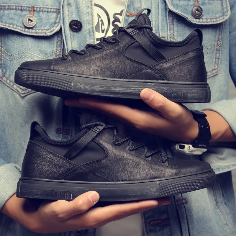 Высокое качество все черные мужские кожаные кроссовки Мужская Уличная дышащая