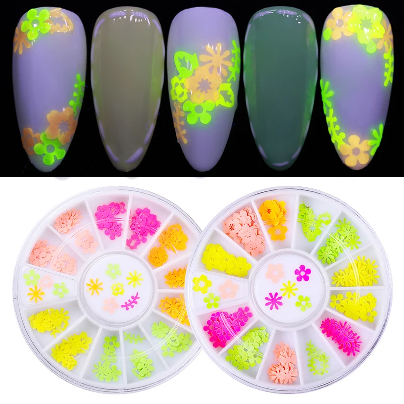 3D флуоресцентные украшения ногтей блестки хлопья Красочные полые цветок сердце узор смешанные DIY аксессуары для дизайна ногтей