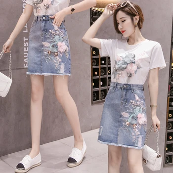 

Make the new denim skirt nail bead flower skirt stereo aesthetic leisure elegant flower adornment skirts