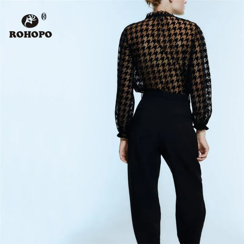 ROHOPO/Черная Кружевная блуза с круглым воротником и вышивкой в ломаную клетку, с рукавами-фонариками, спереди, с вырезом на шее, полупрозрачный Falda#9057