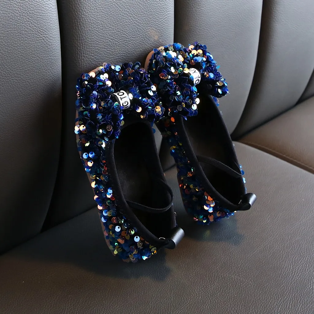 Girls Princess Bow Shoes Children Infant Bowknot Bling Sequins Single Princess Shoes Kids Baby Girls Leather Halloween Shoes#BC