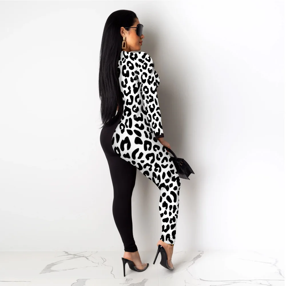 Leopard Print Sexy Romper Women Jumpsuit Deep V Neck Full Sleeve Skinny Bodysuit Vintage Color Block Front Zipper Party Overall