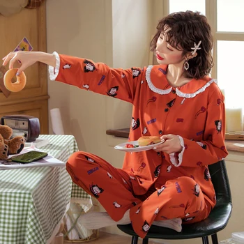 

Cotton Korean Women's Lapel Print Long Sleeve Pajamas Breathable Comfortable Long Pants Homewear Two Piece Sets Female Sleepwear
