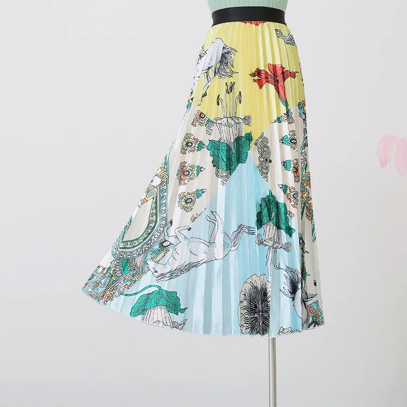 Ранняя осень новая Женская печать тонкая плиссированная Высокая юбка с тонкой талией