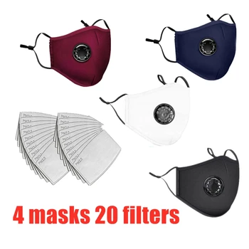 

4pcs Dustproof PM2.5 Mask Different Color Washable Cotton Reusable Mask Unisex Mouth Mask Protective +20Pcs Filter