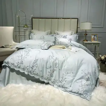 

Home Bed-Cover Egyptian Cotton Queen King Size Bedding Set Luxury Green Pink Embroidered Duvet Cover Fitted Bedsheet Set