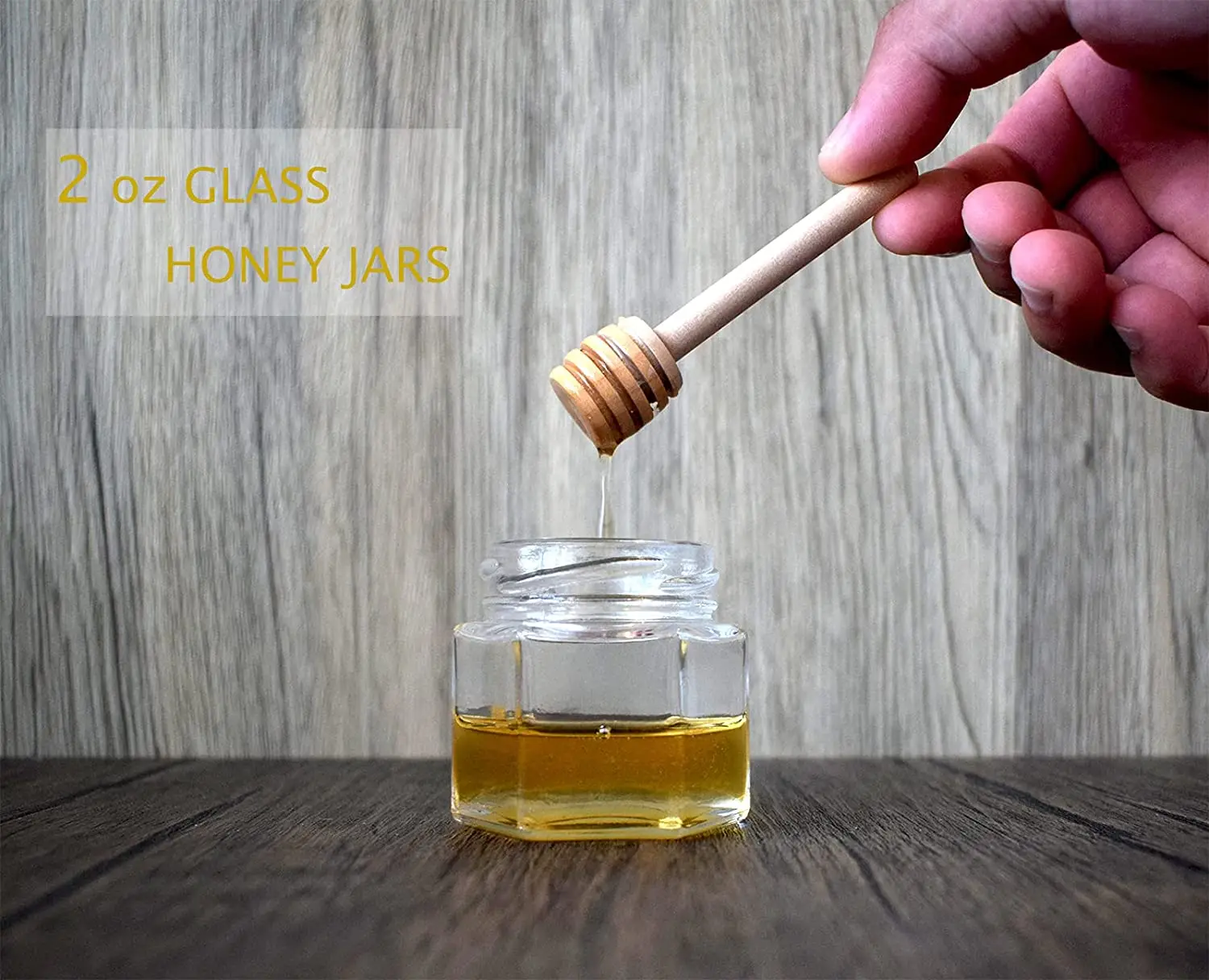 Hexagon Mini Glass Honey Jars with Wooden Dipper, Silver Lids, Silver Bee PendantsPerfect for Baby Showers, Wedding Favors 6