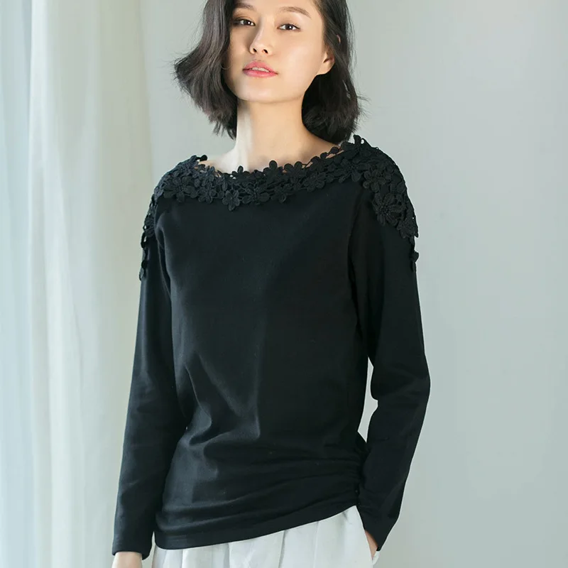 Черный Plus Size M-4XL Female T-shirt Long Sleeve Lace Winter T-shirts For Women Slashneck Side Pleated Cotton Casual Top Tee Camisetas - Цвет: Черный