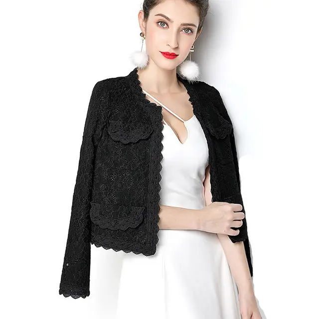 PEONFLY Elegant Women Blazer Long Sleeve Hollow Out Female Jacket Lace Patchwork Office Ladies Outwear Black White Plus Size 1