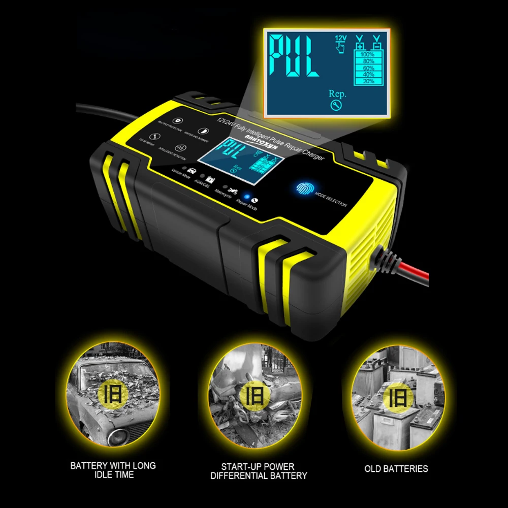 12V 24V автомобиль с клапанным регулированием Зарядное устройство 3-ступенчатый ЖК-дисплей Сенсорный экран импульсный мотоцикл свинцово-кислотный Батарея ремонт Тип AGM гель мокрый автомобиля Зарядное устройство