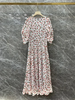 

2020 spring and summer new women's round neck small red flower pattern color matching decoration long dress 525