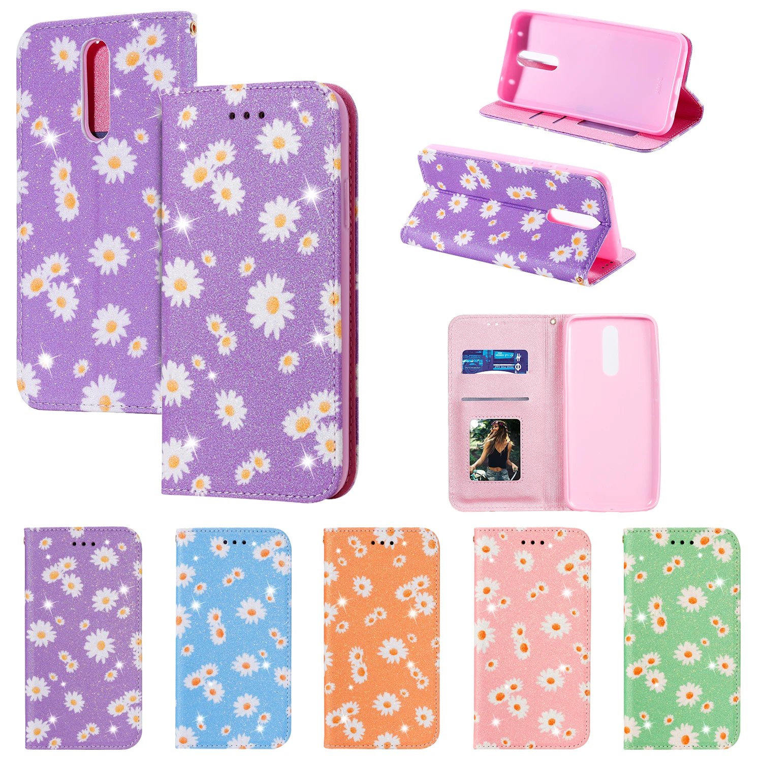Glitter Cute Little Daisy Case for Redmi Note 9 9S K30 Pro 8A Leather Magnetic Wallet Shell for Xiaomi Note 10 Lite Poco M2 Pro