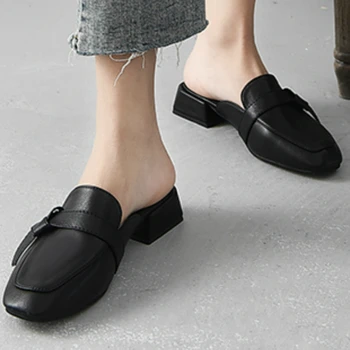 

PU Women Sandals Platform Square Mid Heel Solid Point Toe Metal Decoration Slip-on Casual Female Ladies Shoes Zapatos De Mujer