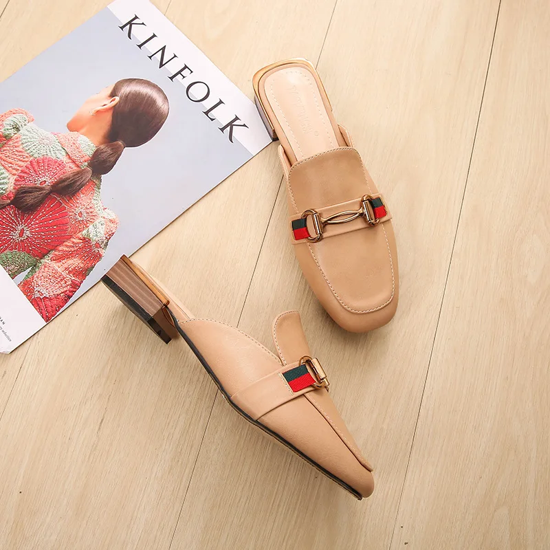 

Shoes Woman Closed Toe Mules Metal Decoration Low Heels Slippers Patchwork Slides Big Size Loafers Zapatos Mujer Black Apricot
