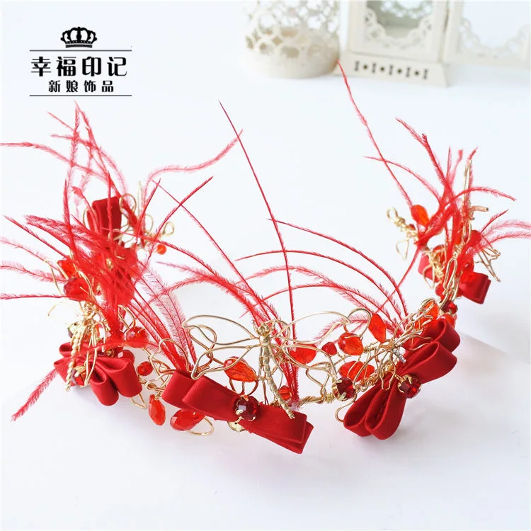 

Exhibition Korean Style Luxury Bride Dragonfly Headdress Red Bow Floral Headdress Crown Feather Hair Accessories Formal Dress Or