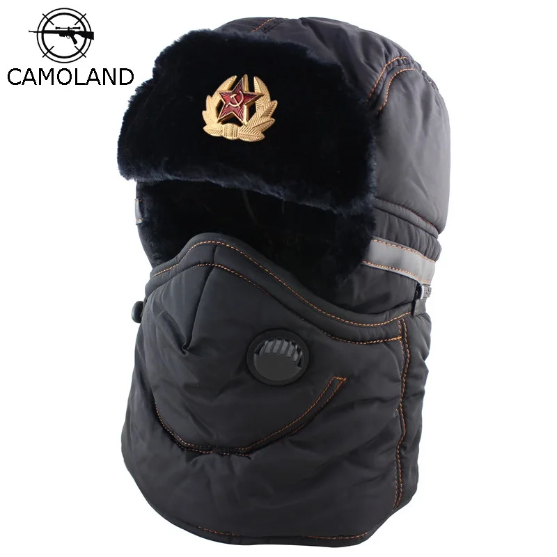 Online Sombrero de invierno para hombres y mujeres, sombrero de bombardero con bufanda, máscara antineblina rusa Ushanka, sombrero de trampero térmico, soldado, orejeras, pasamontañas para esquiar