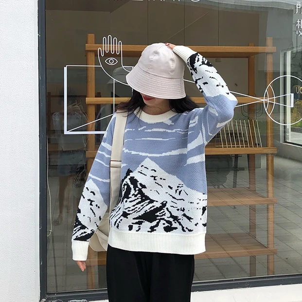 autumn pullover women sweaters 2020 winter harajuku korean clothes fashion snow mountain landscape knit oversized sweater | Женская