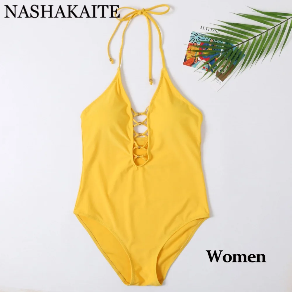 NASHAKAITE Swimsuit Mother Daughter Solid Yellow Drawstring Bathing Suit Women Girls Beachwear Family matching swimwear