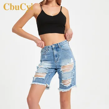 

Women Summer Denim Jeans Straight Knee-length Hole Ripped Short Jeans Pants Women Loose High Waist Bleached Distressed Jeans