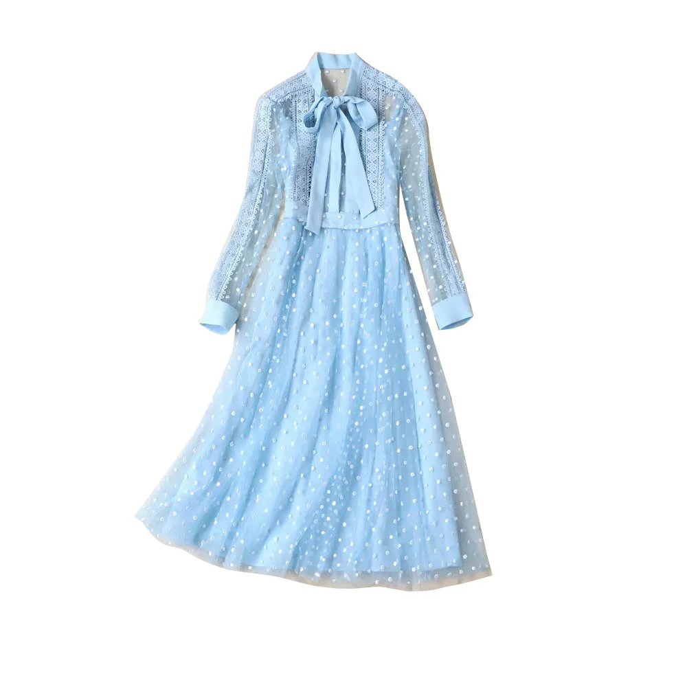 

HUAYIMENGYI Embroidered Midi Dress Runway Designer Blue Lace Dress With Bow Elegant Luxury Ruffles Full Sleeve Party Dresses