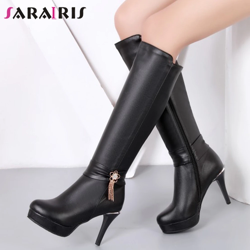 

SARAIRIS New Big Size 33-43 Elegant Platform Boots Ladies Black OL Knee High Boots Women 2019 High Heels Shoes Woman