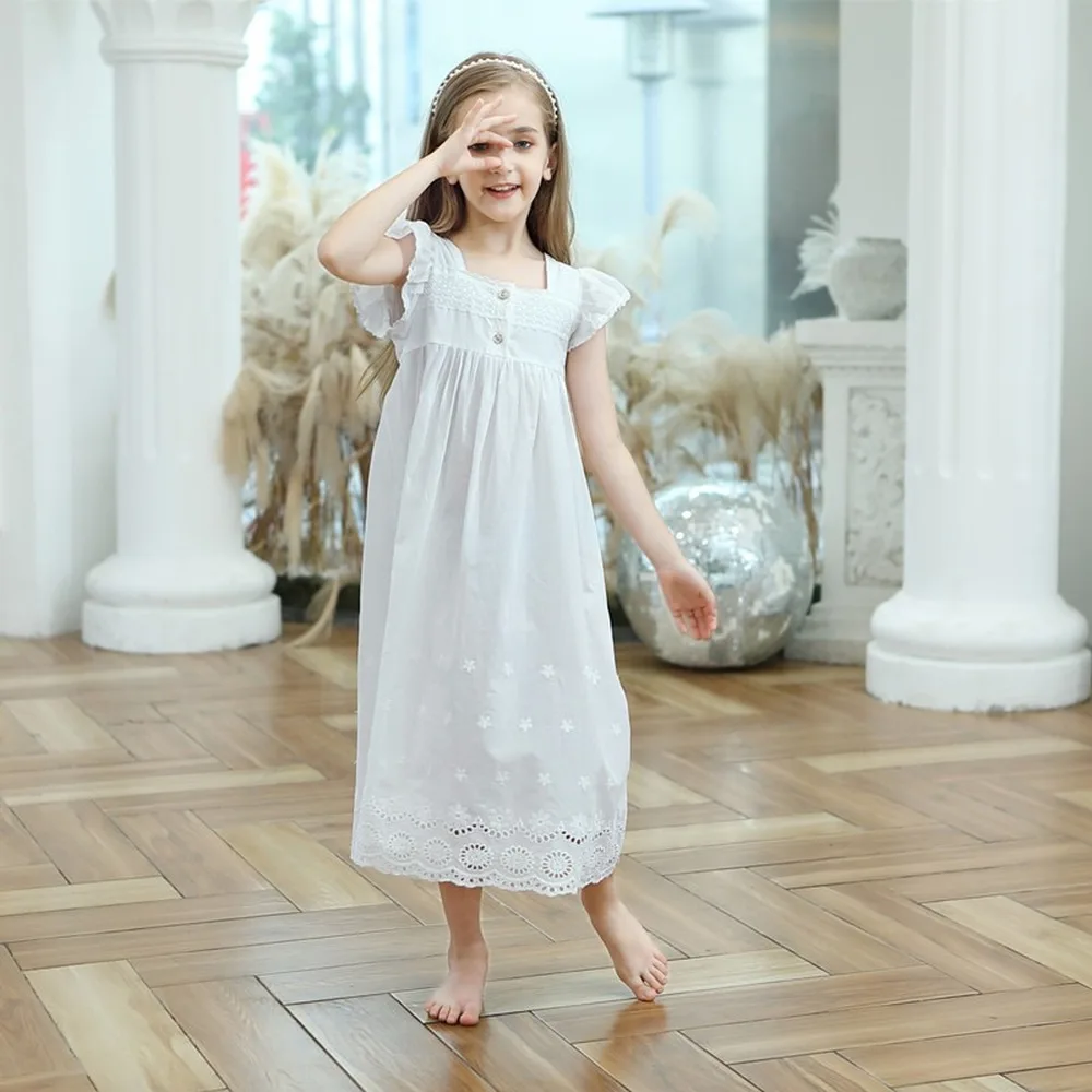 Children's Nightgown Summer  Baby Girls Clothes Lace Pure Cool Breathable European Girl Princess  Vintage Nightdress Pajamas