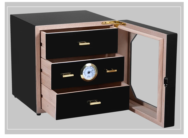 US $179.00 Black cabinet cigar humidor highquality multiple lacquer finish cedar wood 3 cigarette storage box case lighter With Hygrometer