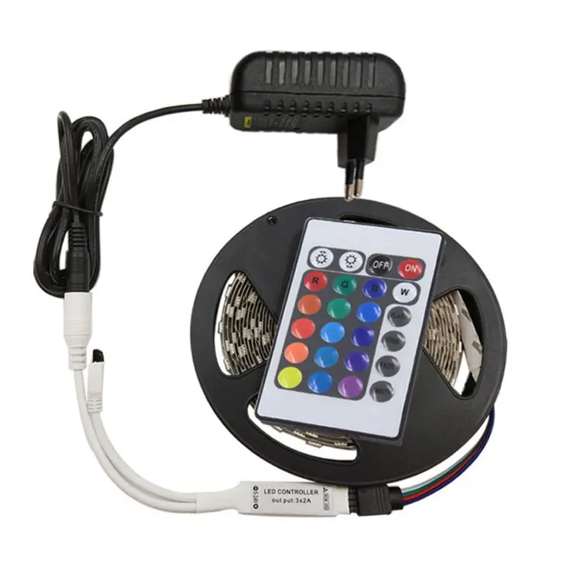 cheap 4pcs 5M LED Strip Light 2835 SMD RGB Tape DC12V Flexible Ribbon Diode 24 Key Controller Adapter EU Decor Home Hotel Car Bridge