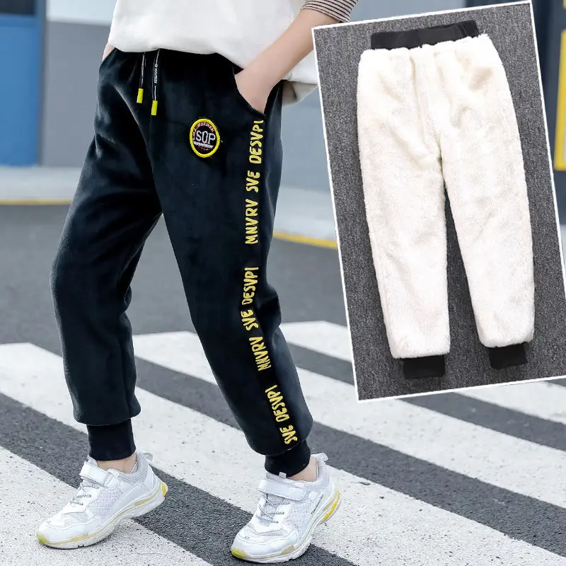 Boys Pants Gold Velvet + Plush Liner Trousers 4-13 Years Old Korean Russian Winter Warm Thick Double Padded Outdoor | Детская одежда и