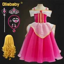 Новогодний костюм Спящей красавицы платье принцессы Авроры для девочек детские розовые платья с открытыми плечами кружевное длинное вечернее платье без рукавов