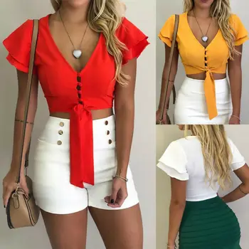 

Fashion Women Summer Ruffled Button-Down Shirt Top Shirt Casual Button Short Sleeve Loose V-neck T-Shirt Blouse Solid Color UK
