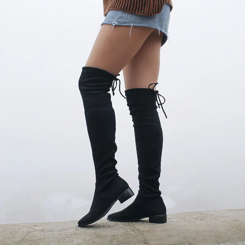 KemeKiss Women Winter Boots Autumn All Match Elastic Fabric Over The Knee High Shoes Square Flats Women Boots Size 34-43