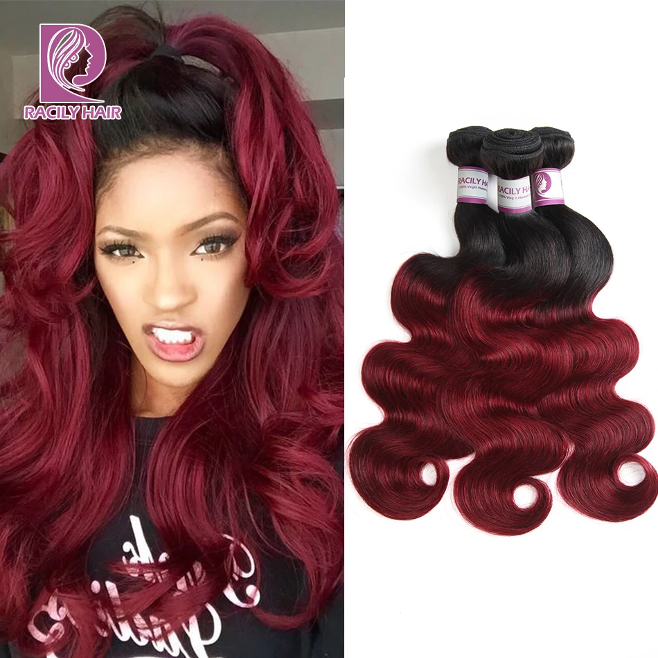 

Racily Hair T1B/Burgundy Ombre Peruvian Hair Body Wave Hair Extensions Remy Human Hair Weave Bundles 1/3/4 Bundles 10-28 Inches