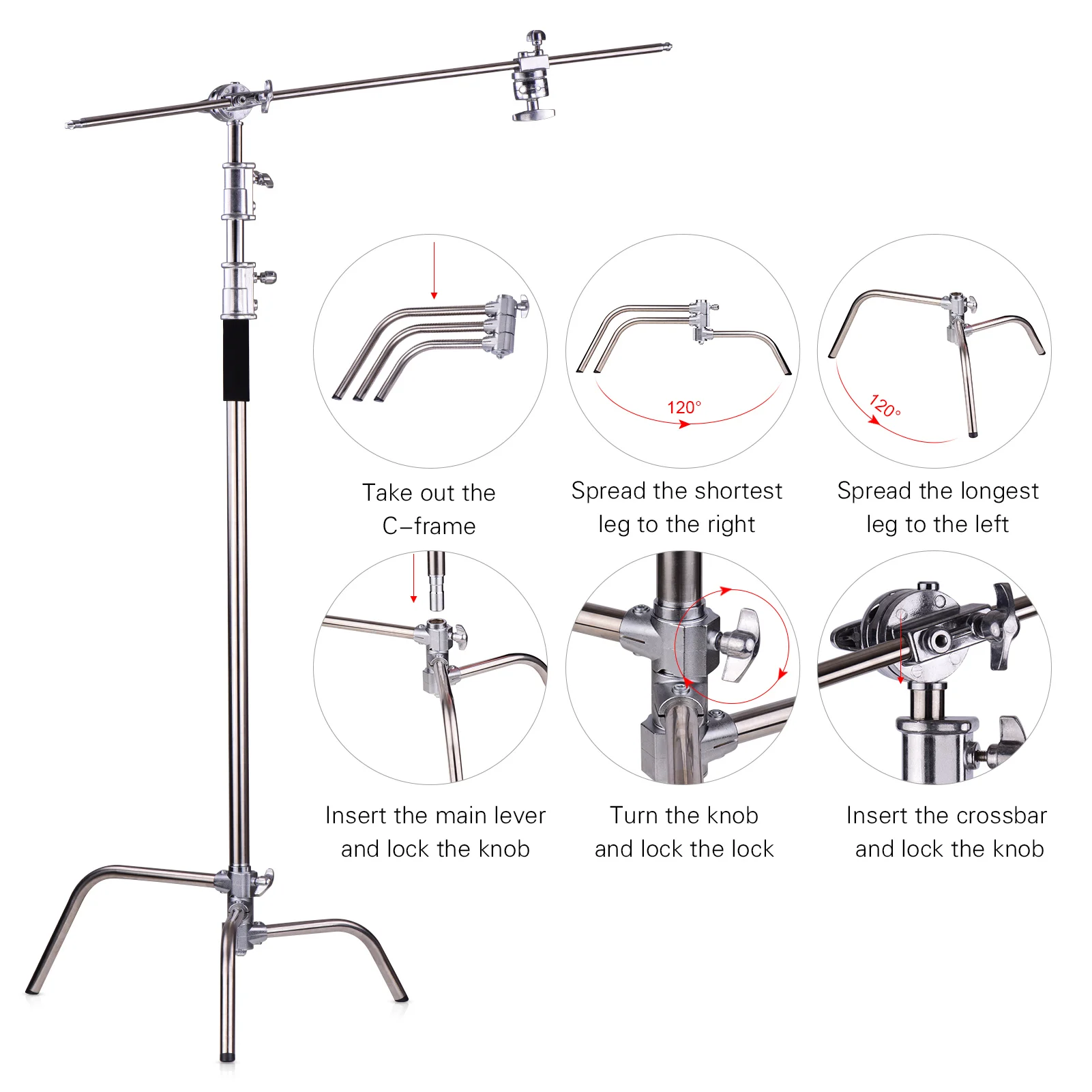 Photo Studio Light Stand Aluminum Alloy C-Stand with Boom Arm Folding Legs 20kg/44lbs Load Capacity 330cm/10.8ft Max. Height