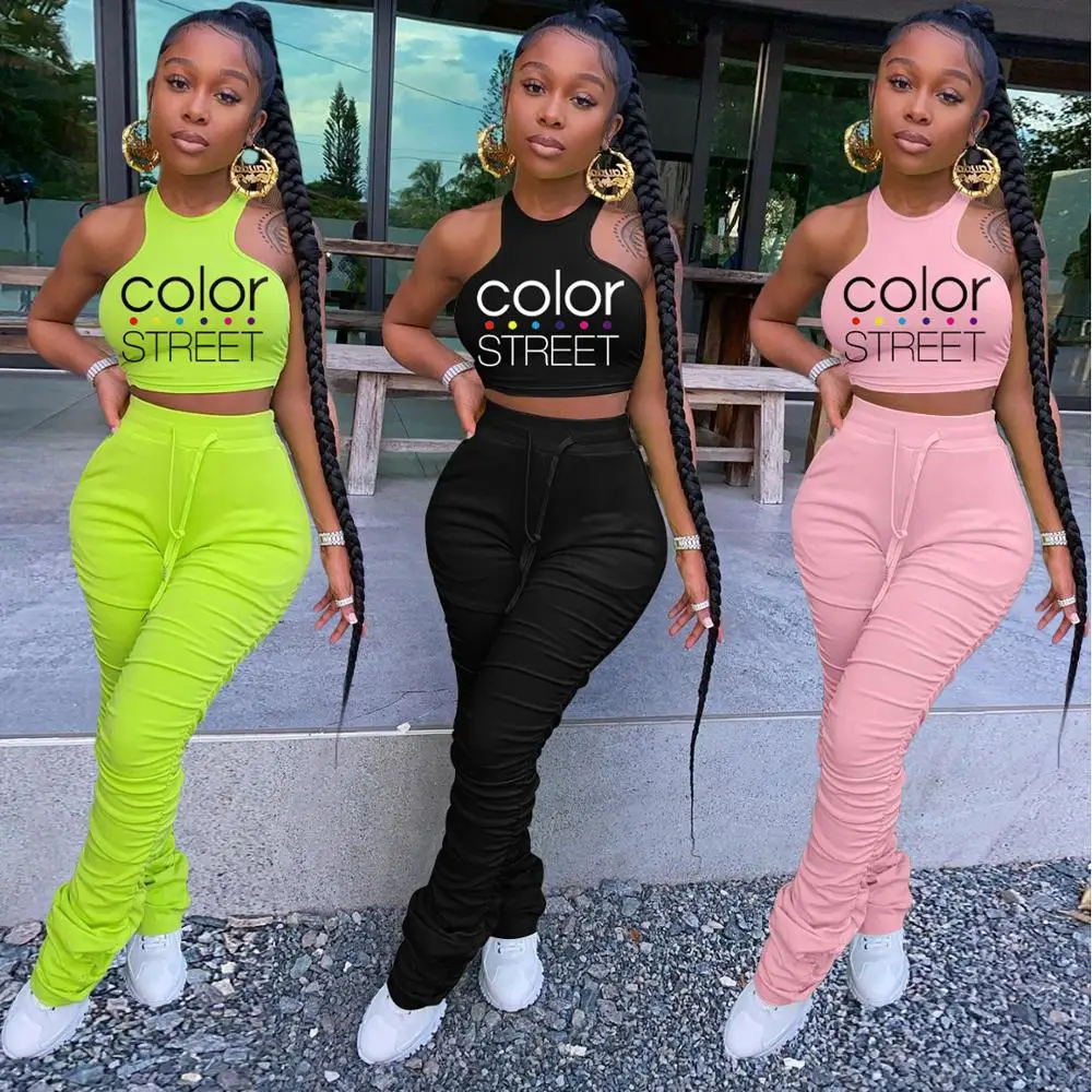 

Solid-color Letter Print Crop Tops & Stacked Leggings 2 Piece Set 2020 Summer Women Suit European and American Clothing