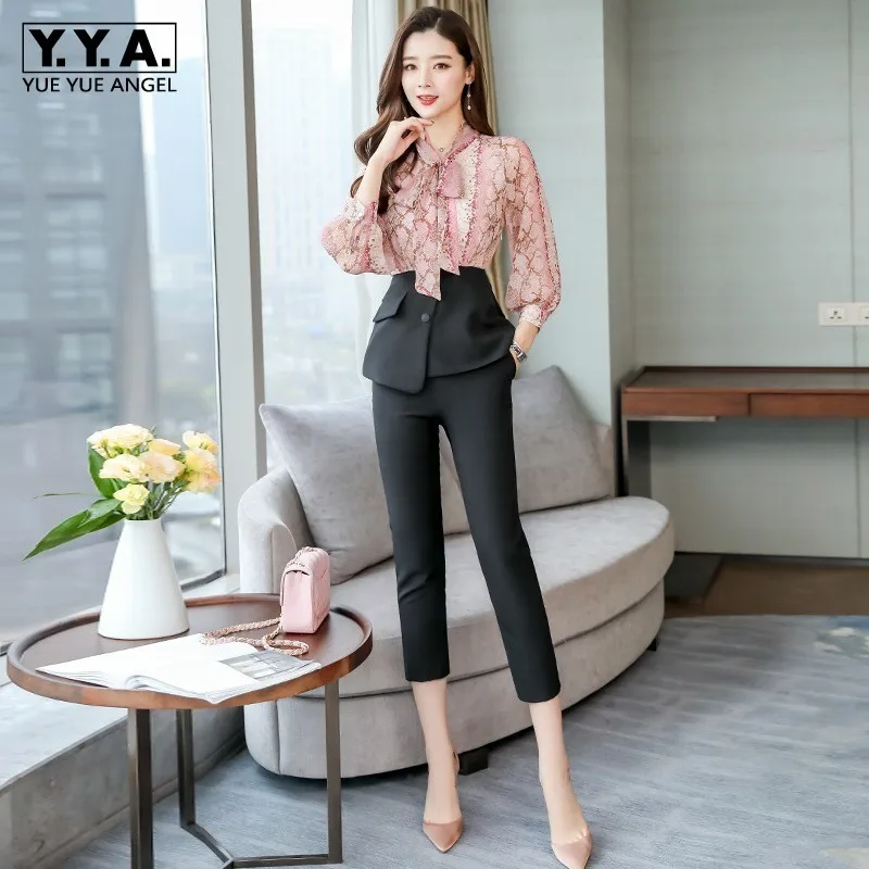 

Ladies Elegant Long Sleeve Bow Lace Up Neck Print Chiffon Blouse Fake Piece Ankle Length Pencil Pants Women Two Piece Outfits