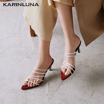

KarinLuna 2020 New Fashion Genuine Leather Women Sandals Strange Style Heels Narrow Band Pumps Summer Casual Woman Shoes