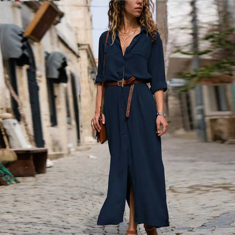 

2019 Hot Women Shirt Dress Long Sleeve V Neck Loose Casual Maxi Dress for Spring CGU 88