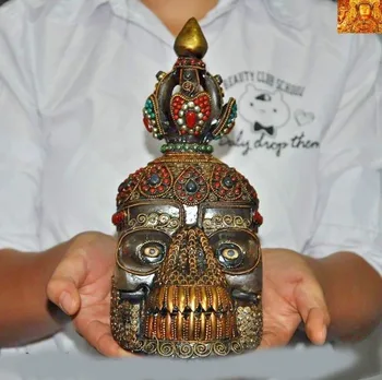 

wedding decoration Tibet crystal silver 24k gold Inlay turquoise gem Devil Skull death-head statue New Year