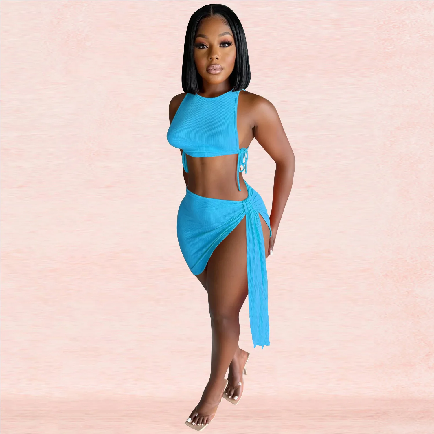 Knitted Ribbed Two Piece Set Bandage Crop Top Bodycon Mini Skirts Beachwear Outfits Summer Sexy Club Matching Y2K Clothes pant suit