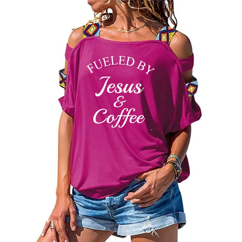 16 Fueled By Jesus& coffee Футболка женская Религиозная Христианская женская футболка с вырезами на плечах Мотивационная Библейская стих церковная футболка - Цвет: 16