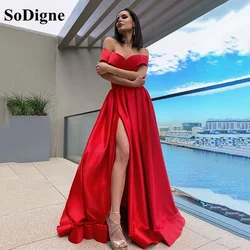 SoDigne Simple Satin Red Prom Dress Off The Shoulder Sexy High Split Long Party Dress Women Formal Gowns