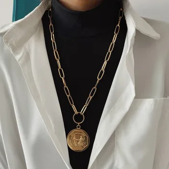 

Pjx Vintage Coin Portrait Pendant with Cable Chain Necklace Geometric Punk Jewelry Sweater Necklace